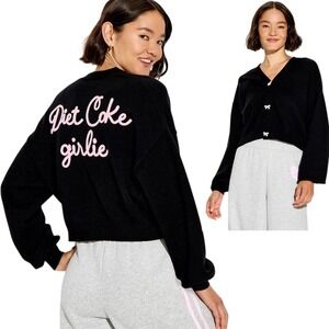 Diet Coke Women's Black Bow Button Embroidered Cropped Cardigan Sweater Size XXS
